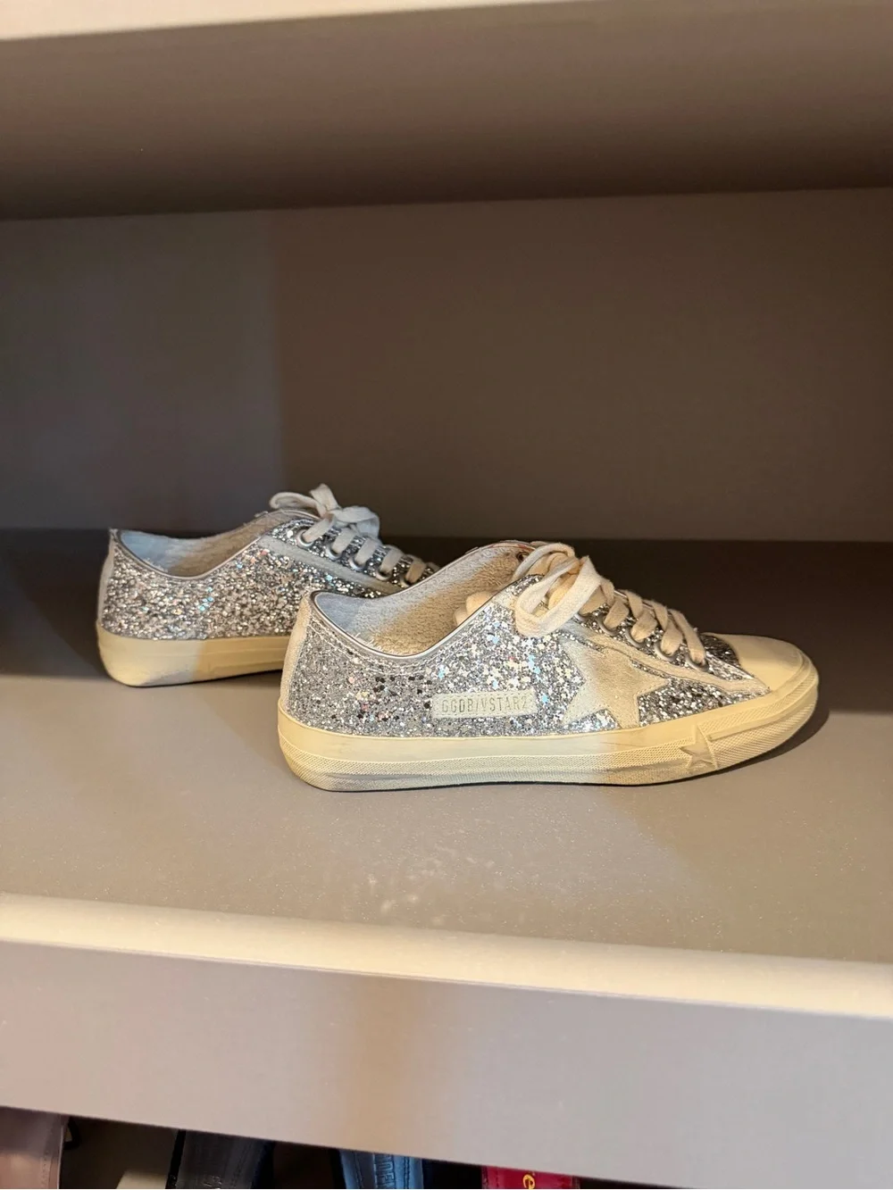Golden Goose Silver Glitter Low-Top Sneakers with Beige Sole